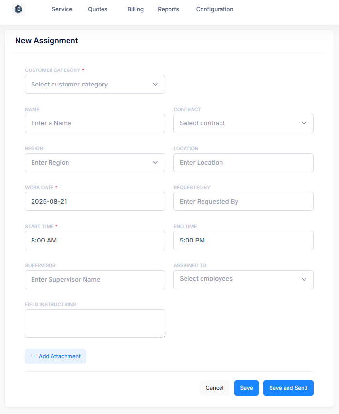 The ForemanTek assignment screen: customer, contract, region, location, scheduling and crew assignment fields.