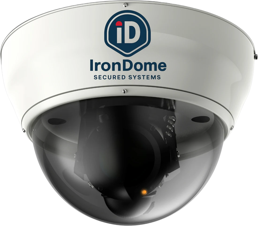 An IronDome Secured Systems branded dome camera, the logo printed on its white housing above a tinted dome