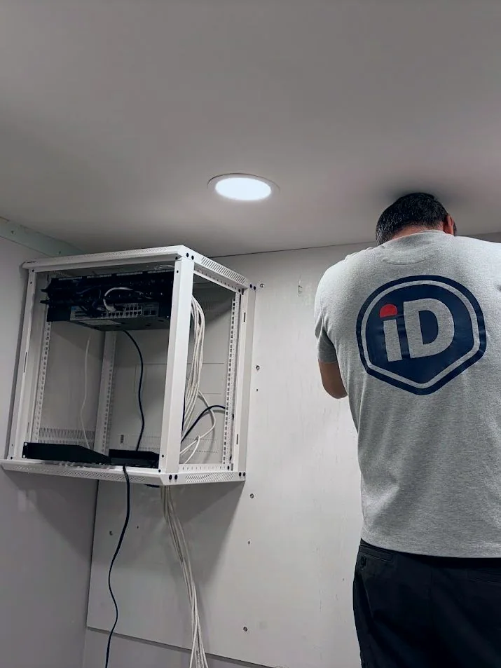 A technician in an IronDome Secured Systems shirt working at a wall-mounted network rack, cabling run into the open enclosure